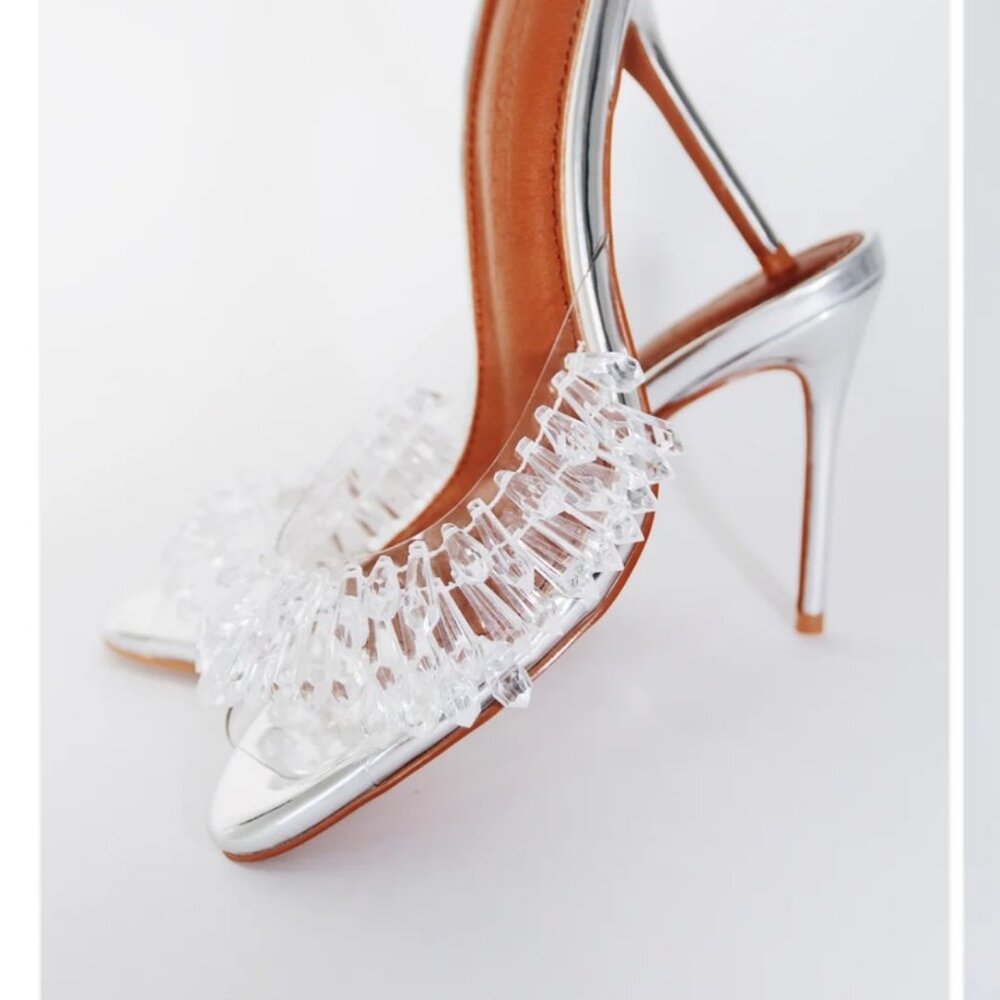 Cult of Coquette Size 7.5 Elegant Clear Crystal Embellished Silver Stiletto Mule